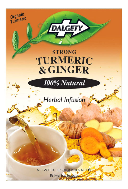 Dalgety Pure Turmeric and Ginger Tea Bags 6 Pack, Herbal Infusion, All Natural, Turmeric Tea Bags for Inflammation - Delicious, Packed with Unique Health Benefits, Caffeine Free (Total 108 Teabags)