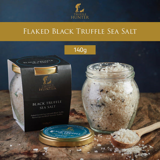 TruffleHunter - Flaked Black Truffle Cornish Sea Salt - Gourmet Food Seasoning & Condiment - 140g