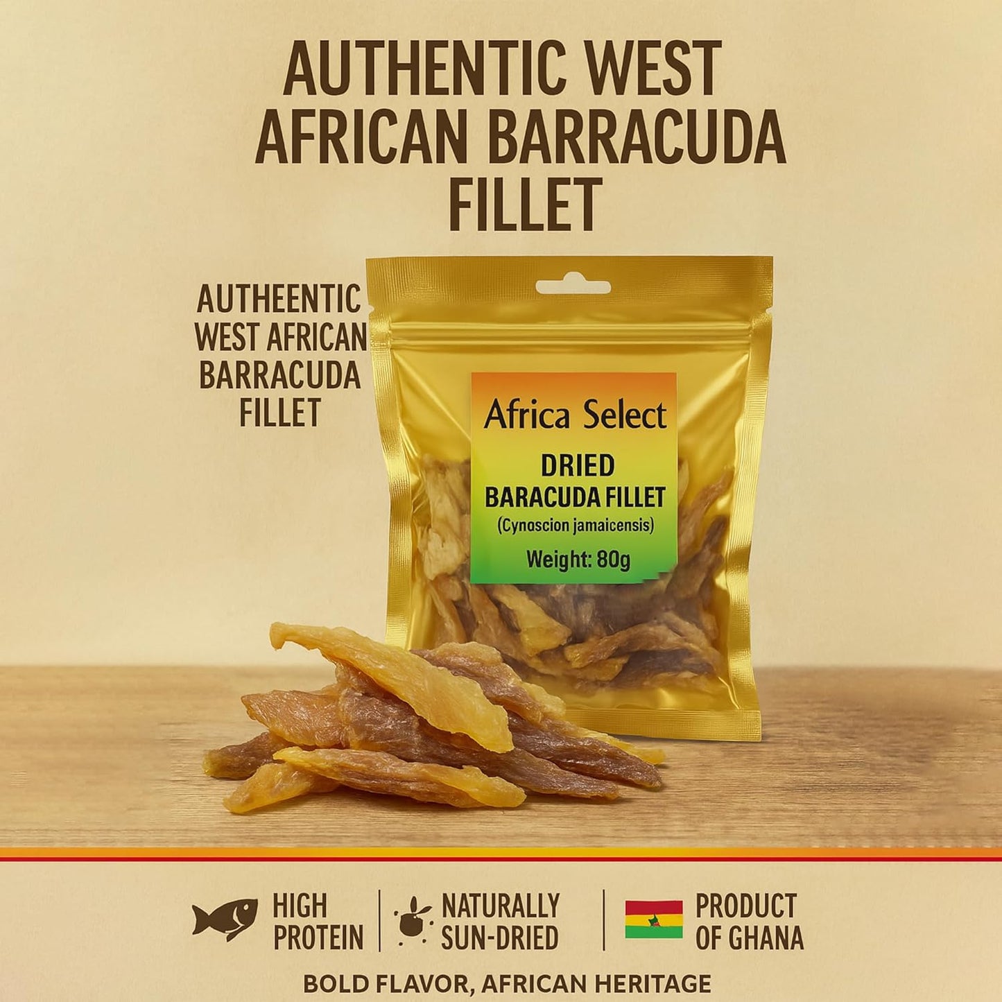 Africa Select 2 pack of Dried Barracuda Fillet 2x 80g | Wild-Caught Fish Snack | Rich in Protein | Traditional African Delicacy 160G