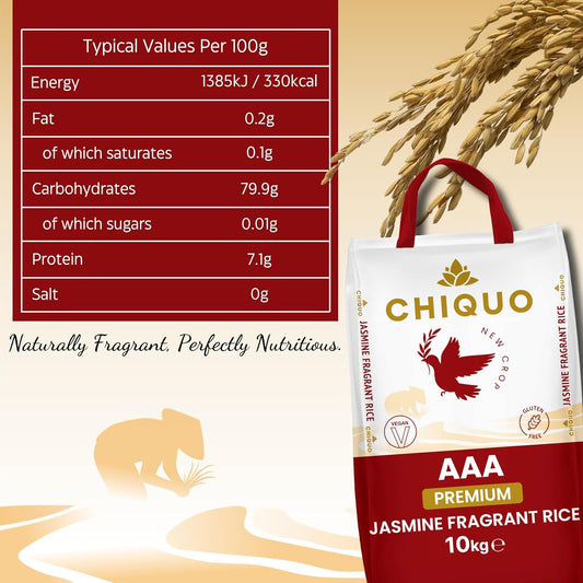 Chiquo AAA Premium Jasmine Fragrant Rice 10kg – Vegan & 100% Gluten Free – Perfect for Traditional Asian & Afro-Caribbean Recipes