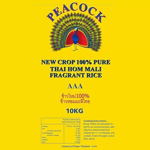 Peacock Thai Hom Mali Jasmine Rice AAA 100% Pure New-Crop, Fragrant Long-Grain, Soft & Fluffy Texture, Authentic Product of Thailand, 10 kg Bag (Pack of 1) (Pack of 2)