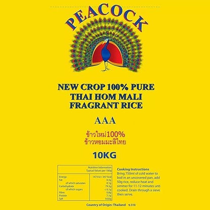 Peacock Thai Hom Mali Jasmine Rice AAA 100% Pure New-Crop, Fragrant Long-Grain, Soft & Fluffy Texture, Authentic Product of Thailand, 10 kg Bag (Pack of 1) (Pack of 2)