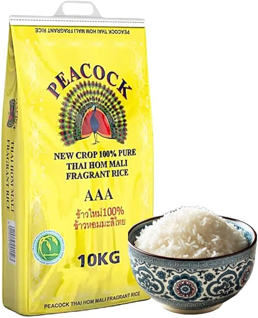Peacock Thai Hom Mali Jasmine Rice AAA 100% Pure New-Crop, Fragrant Long-Grain, Soft & Fluffy Texture, Authentic Product of Thailand, 10 kg Bag (Pack of 1) (Pack of 2)