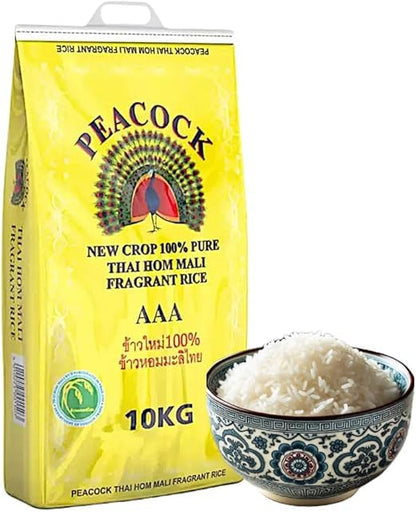 Peacock Thai Hom Mali Jasmine Rice AAA 100% Pure New-Crop, Fragrant Long-Grain, Soft & Fluffy Texture, Authentic Product of Thailand, 10 kg Bag (Pack of 1) (Pack of 2)