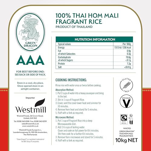 Green Dragon Thai Fragrant Jasmine Rice 10KG | Thai Hom Mali | AAA | Premium Rice | White Rice | Chinese Ingredients | Chinese Asian Cooking | 10KG