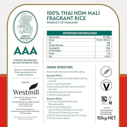 Green Dragon Thai Fragrant Jasmine Rice 10KG | Thai Hom Mali | AAA | Premium Rice | White Rice | Chinese Ingredients | Chinese Asian Cooking | 10KG