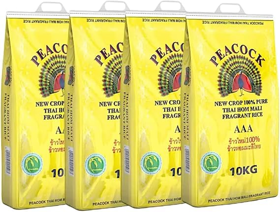 Peacock Thai Hom Mali Jasmine Rice AAA 100% Pure New-Crop, Fragrant Long-Grain, Soft & Fluffy Texture, Authentic Product of Thailand, 10 kg Bag (Pack of 1) (Pack of 2)