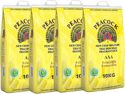 Peacock Thai Hom Mali Jasmine Rice AAA 100% Pure New-Crop, Fragrant Long-Grain, Soft & Fluffy Texture, Authentic Product of Thailand, 10 kg Bag (Pack of 1) (Pack of 2)