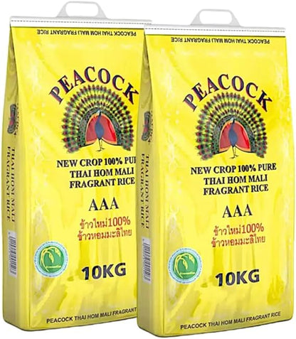 Peacock Thai Hom Mali Jasmine Rice AAA 100% Pure New-Crop, Fragrant Long-Grain, Soft & Fluffy Texture, Authentic Product of Thailand, 10 kg Bag (Pack of 1) (Pack of 2)