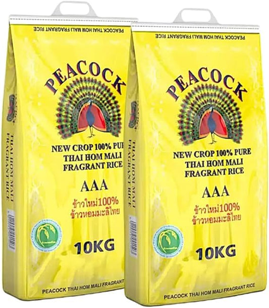 Peacock Thai Hom Mali Jasmine Rice AAA 100% Pure New-Crop, Fragrant Long-Grain, Soft & Fluffy Texture, Authentic Product of Thailand, 10 kg Bag (Pack of 1) (Pack of 2)