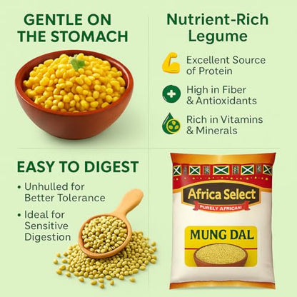 Africa Select Mung Dal 3kg | Premium Split Mung Beans for Soups, Curries, Khichdi & Salads | Family-Size Resealable Pack
