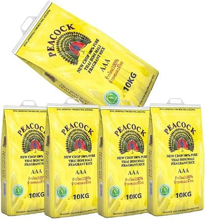 Peacock Thai Hom Mali Jasmine Rice AAA 100% Pure New-Crop, Fragrant Long-Grain, Soft & Fluffy Texture, Authentic Product of Thailand, 10 kg Bag (Pack of 1) (Pack of 2)