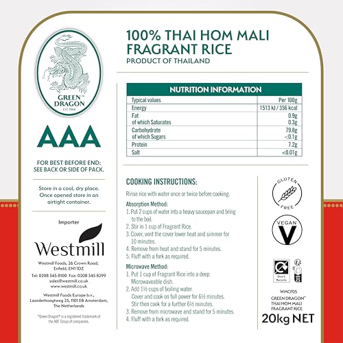 Green Dragon Thai Fragrant Jasmine Rice 10KG | Thai Hom Mali | AAA | Premium Rice | White Rice | Chinese Ingredients | Chinese Asian Cooking | 10KG