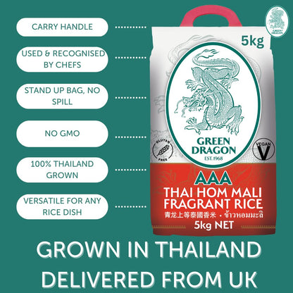 Green Dragon Thai Fragrant Jasmine Rice 10KG | Thai Hom Mali | AAA | Premium Rice | White Rice | Chinese Ingredients | Chinese Asian Cooking | 10KG