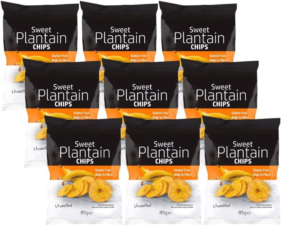 Grace Sweet Plantain Chips 85g x 9, Vegan Salted Bites High in Fibre Gluten Free Banana Crisps Snack with Welari Thank You Card | (9 Pack)