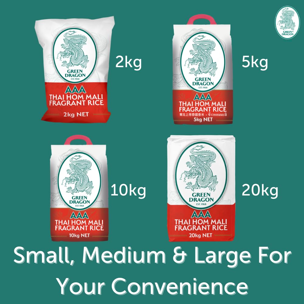 Green Dragon Thai Fragrant Jasmine Rice 10KG | Thai Hom Mali | AAA | Premium Rice | White Rice | Chinese Ingredients | Chinese Asian Cooking | 10KG
