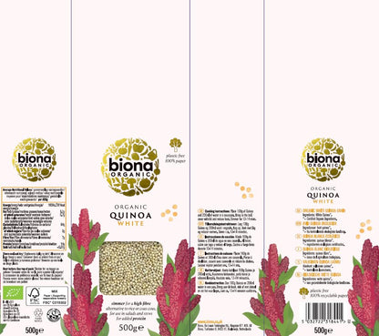 Biona Organic White Quinoa, 500g - Organically Grown Without GMOs -Wheat-free Alternative - Naturally Vegan & High in Fibre - Sustainable 100% Recyclable Paper Packaging -For Salads, Stews and Cooking