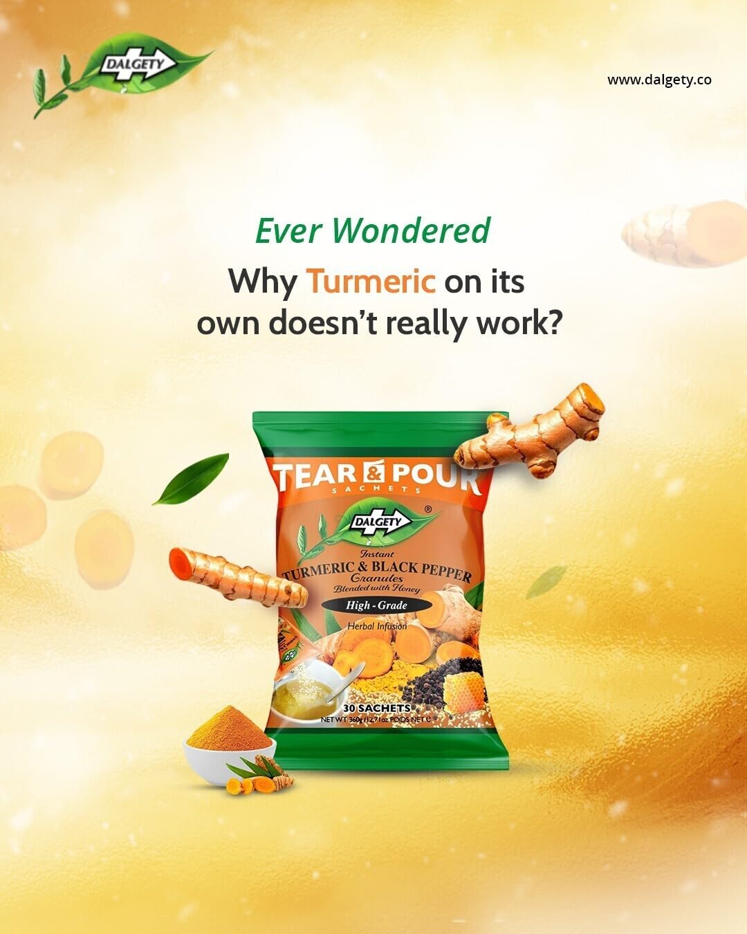 Dalgety Pure Turmeric and Ginger Tea Bags 6 Pack, Herbal Infusion, All Natural, Turmeric Tea Bags for Inflammation - Delicious, Packed with Unique Health Benefits, Caffeine Free (Total 108 Teabags)