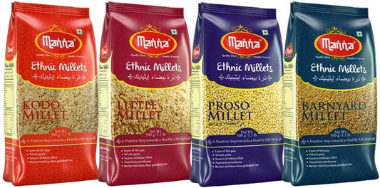 Manna Millets - Natural Grains Combo Pack of 4 | Kodo 500g, Little 500g, Proso 500g, Barnyard 500g | Nutrient Powerhouse, High Protein & 100% More Fibre Than Rice