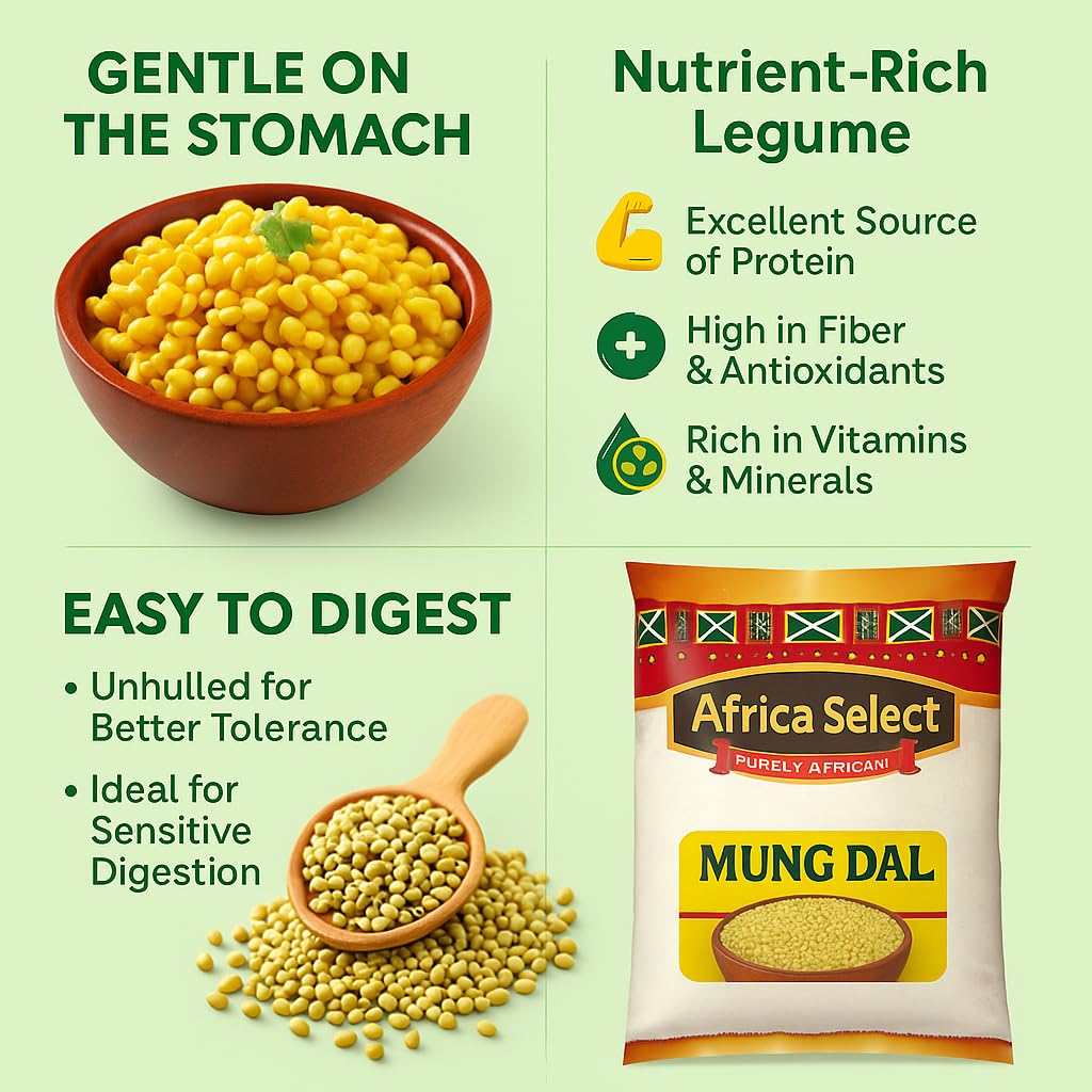 Africa Select Mung Dal 3kg | Premium Split Mung Beans for Soups, Curries, Khichdi & Salads | Family-Size Resealable Pack