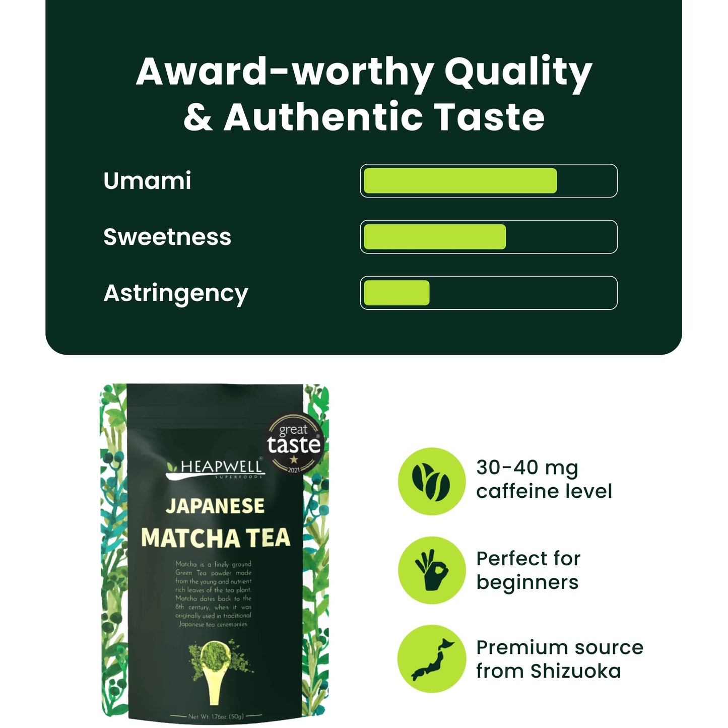 Heapwell Matcha Powder - 50g | High Grade Japanese Premium Green Tea Powder | Great Taste Award Winner | Perfect for Tea, Lattes & Smoothies | Contains L-Theanine & Antioxidants | Vegan & Gluten-Free