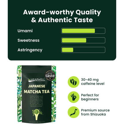 Heapwell Matcha Powder - 50g | High Grade Japanese Premium Green Tea Powder | Great Taste Award Winner | Perfect for Tea, Lattes & Smoothies | Contains L-Theanine & Antioxidants | Vegan & Gluten-Free