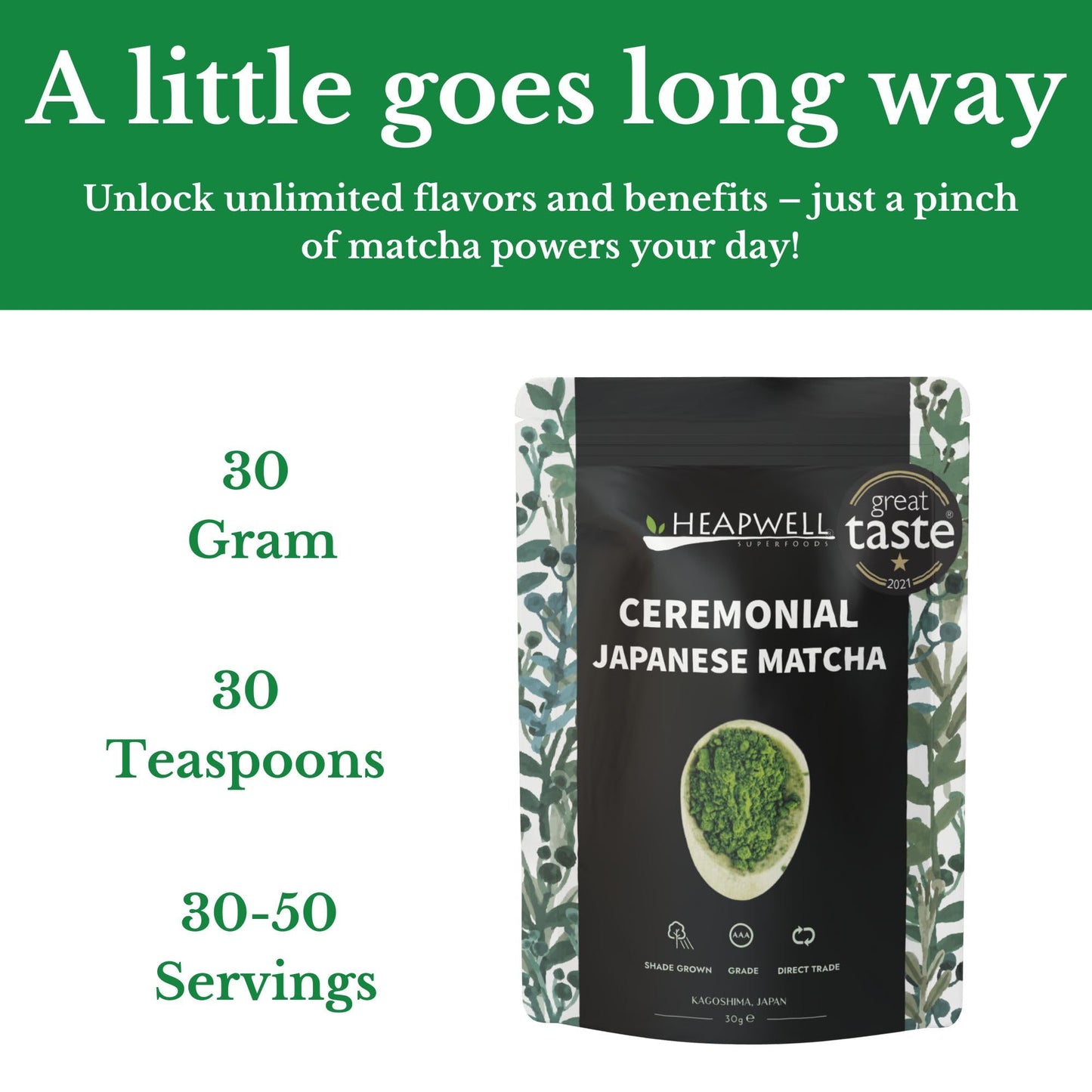 Heapwell Matcha Powder - 50g | High Grade Japanese Premium Green Tea Powder | Great Taste Award Winner | Perfect for Tea, Lattes & Smoothies | Contains L-Theanine & Antioxidants | Vegan & Gluten-Free