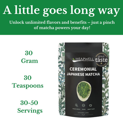 Heapwell Matcha Powder - 50g | High Grade Japanese Premium Green Tea Powder | Great Taste Award Winner | Perfect for Tea, Lattes & Smoothies | Contains L-Theanine & Antioxidants | Vegan & Gluten-Free