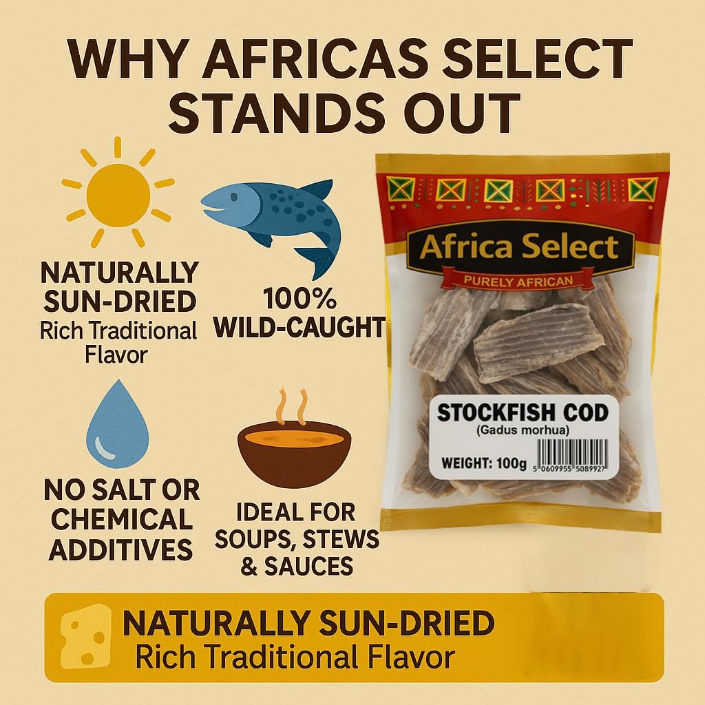 Africa Select Stockfish Cod 3x100g - Traditional Dried Codfish, High Protein for African Cooking 300g