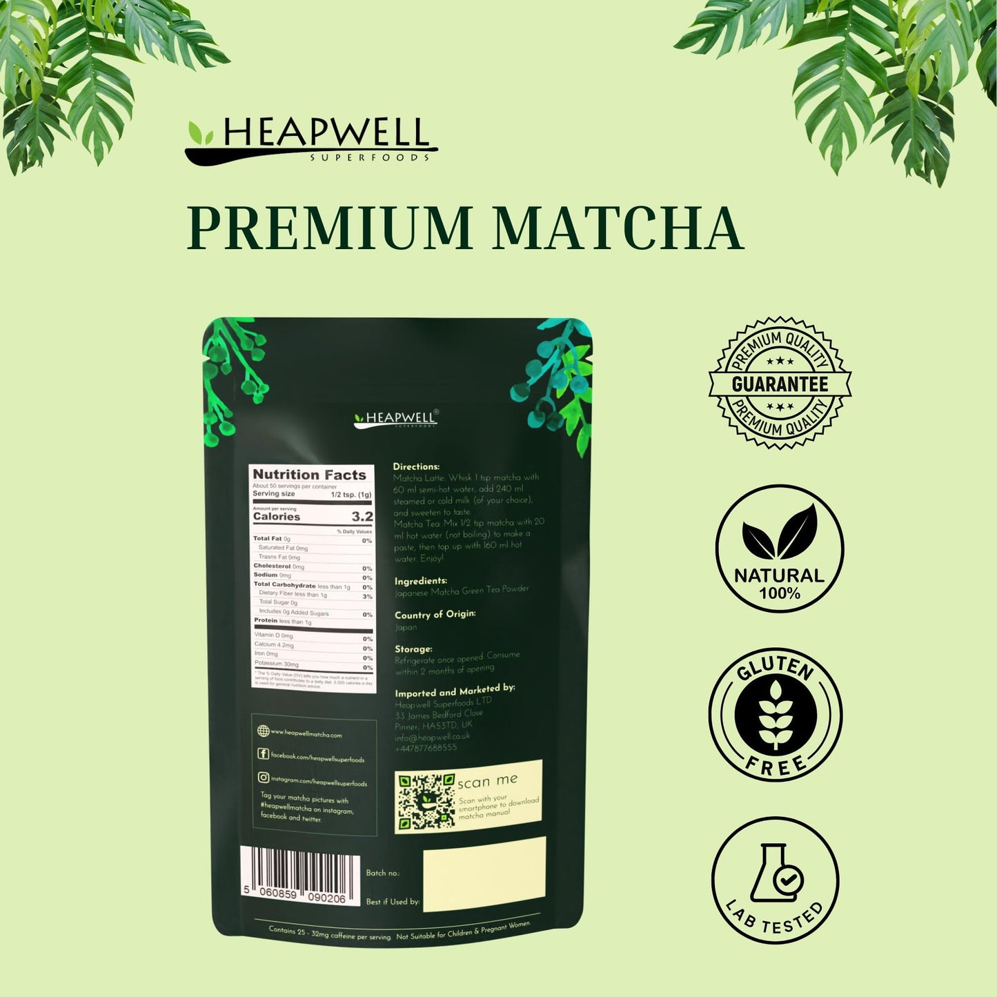 Heapwell Matcha Powder - 50g | High Grade Japanese Premium Green Tea Powder | Great Taste Award Winner | Perfect for Tea, Lattes & Smoothies | Contains L-Theanine & Antioxidants | Vegan & Gluten-Free
