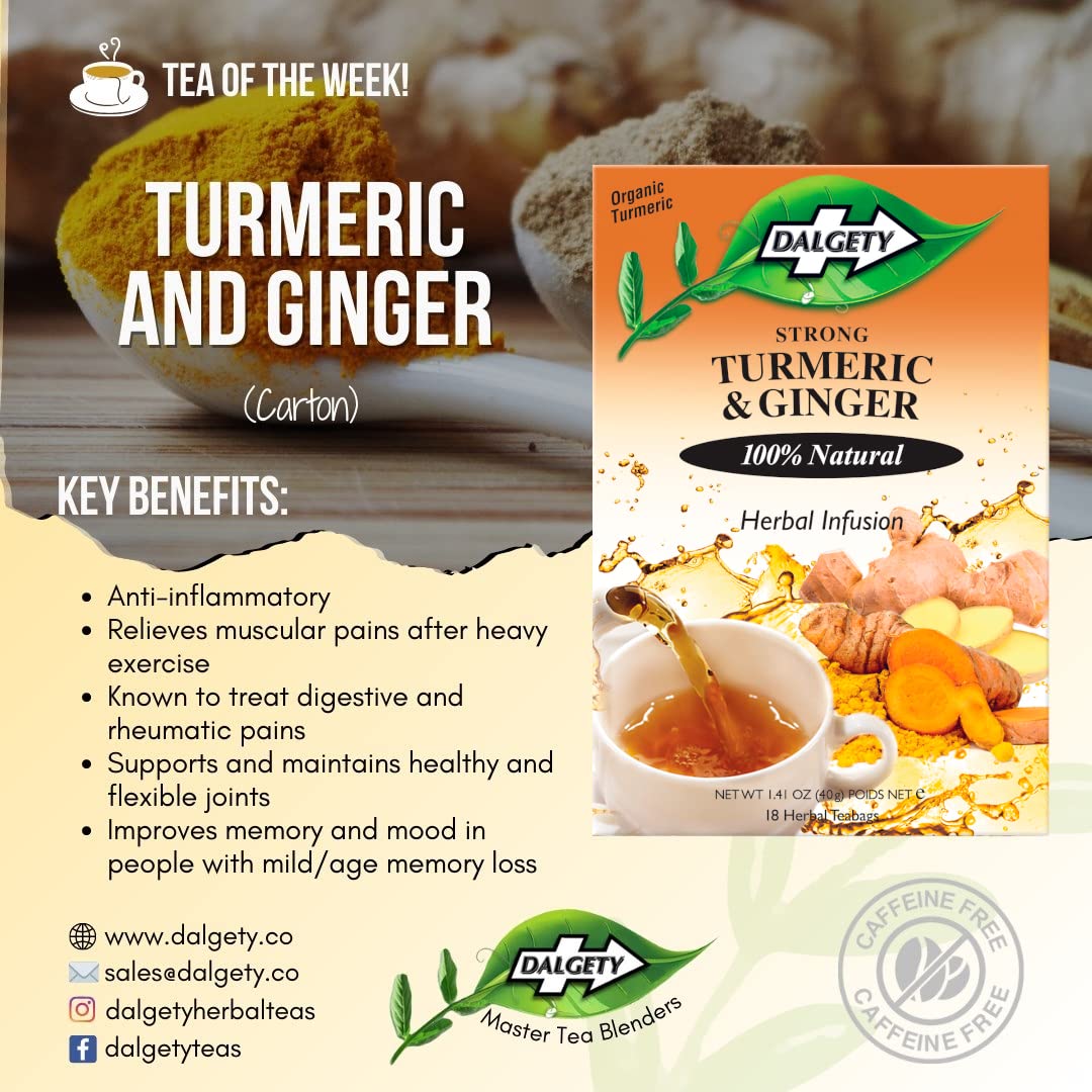 Dalgety Pure Turmeric and Ginger Tea Bags 6 Pack, Herbal Infusion, All Natural, Turmeric Tea Bags for Inflammation - Delicious, Packed with Unique Health Benefits, Caffeine Free (Total 108 Teabags)