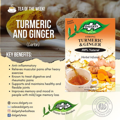 Dalgety Pure Turmeric and Ginger Tea Bags 6 Pack, Herbal Infusion, All Natural, Turmeric Tea Bags for Inflammation - Delicious, Packed with Unique Health Benefits, Caffeine Free (Total 108 Teabags)