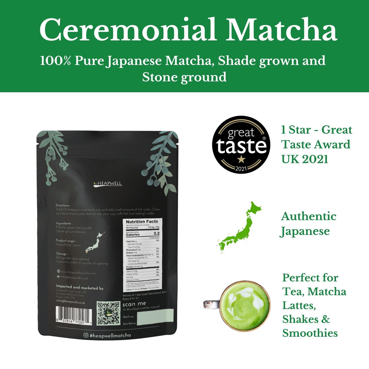 Heapwell Matcha Powder - 50g | High Grade Japanese Premium Green Tea Powder | Great Taste Award Winner | Perfect for Tea, Lattes & Smoothies | Contains L-Theanine & Antioxidants | Vegan & Gluten-Free
