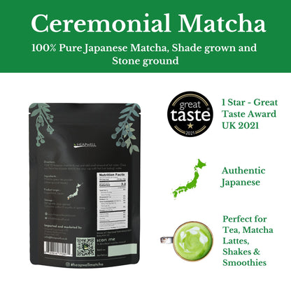 Heapwell Matcha Powder - 50g | High Grade Japanese Premium Green Tea Powder | Great Taste Award Winner | Perfect for Tea, Lattes & Smoothies | Contains L-Theanine & Antioxidants | Vegan & Gluten-Free
