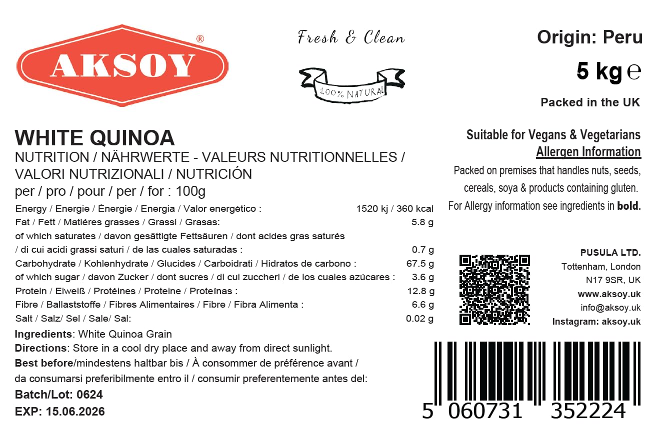 White Quinoa 5KG | Whole Grain Quinoa - Ready to Cook Food for Oats and Seeds Recipes - Nutritious Meal with Essential Vitamins, Protein, and Fiber, Perfect for Salads