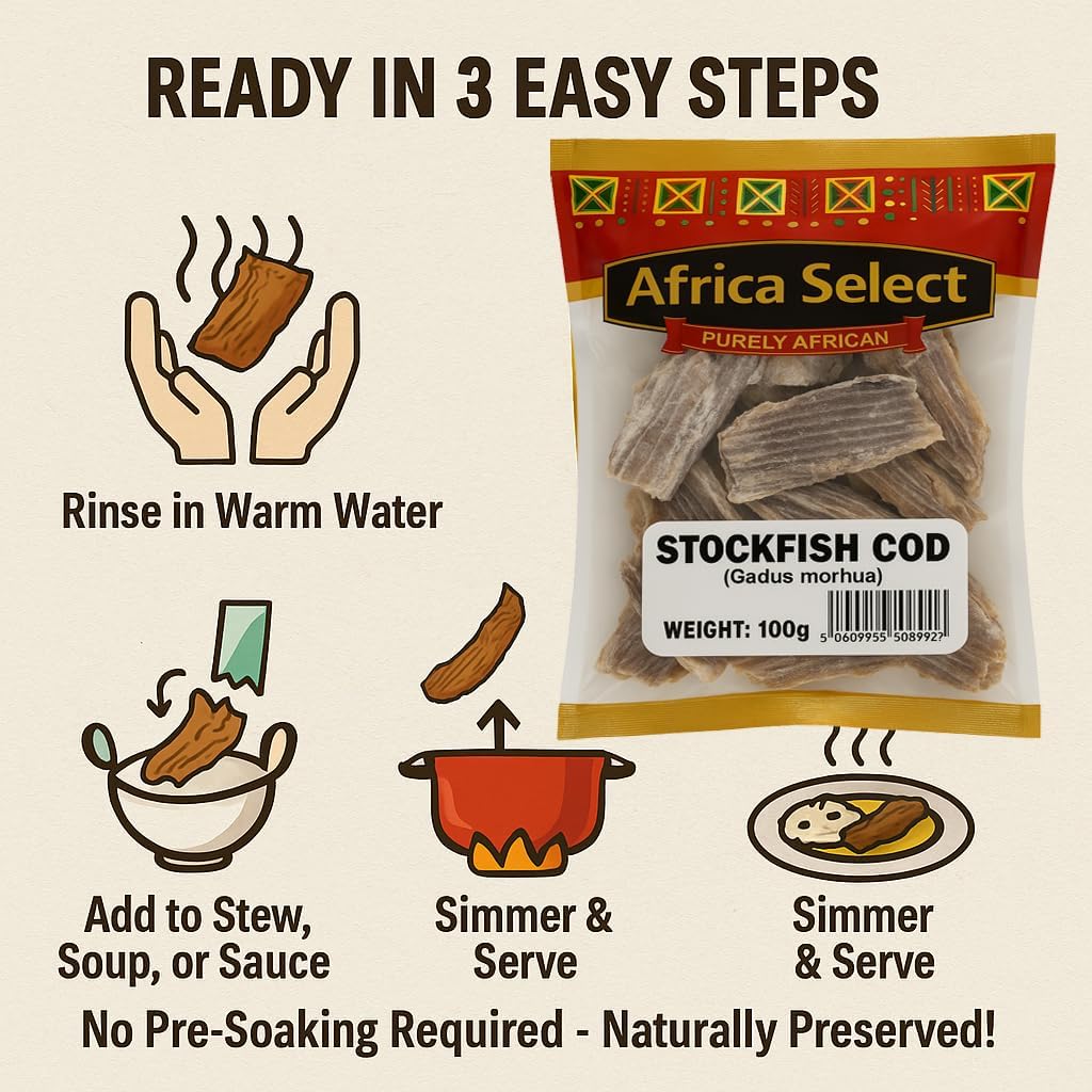 Africa Select Stockfish Cod 3x100g - Traditional Dried Codfish, High Protein for African Cooking 300g