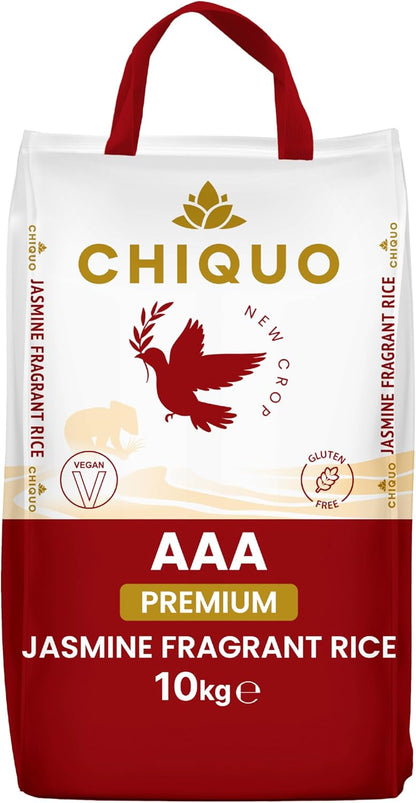 Chiquo AAA Premium Jasmine Fragrant Rice 10kg – Vegan & 100% Gluten Free – Perfect for Traditional Asian & Afro-Caribbean Recipes
