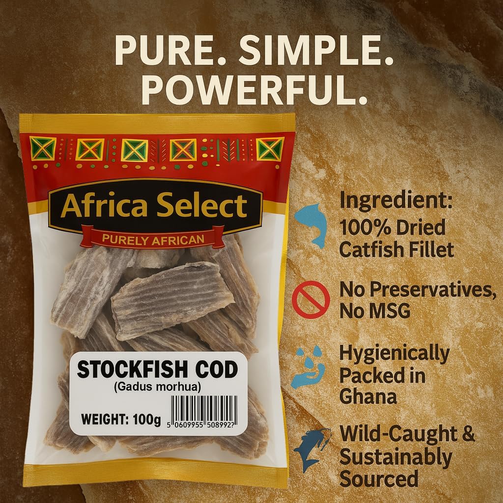 Africa Select Stockfish Cod 3x100g - Traditional Dried Codfish, High Protein for African Cooking 300g