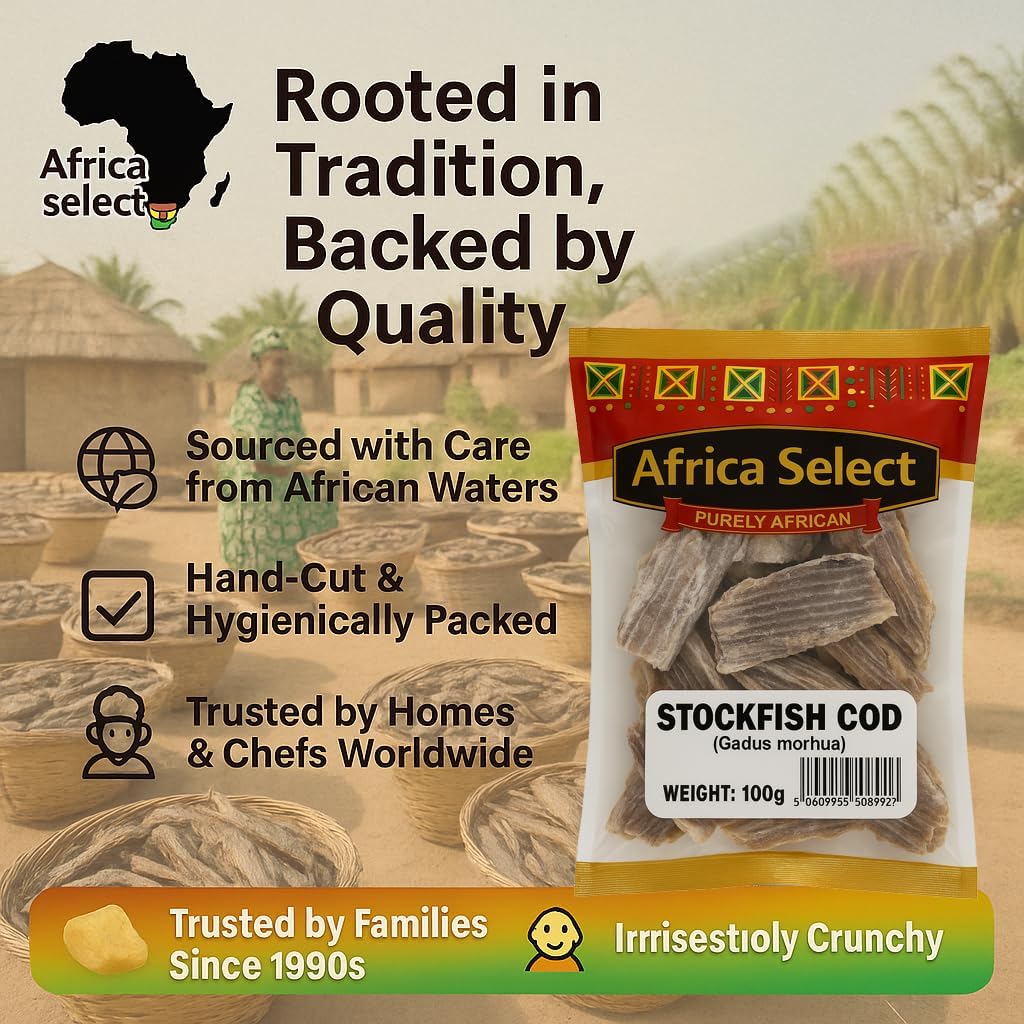 Africa Select Stockfish Cod 3x100g - Traditional Dried Codfish, High Protein for African Cooking 300g