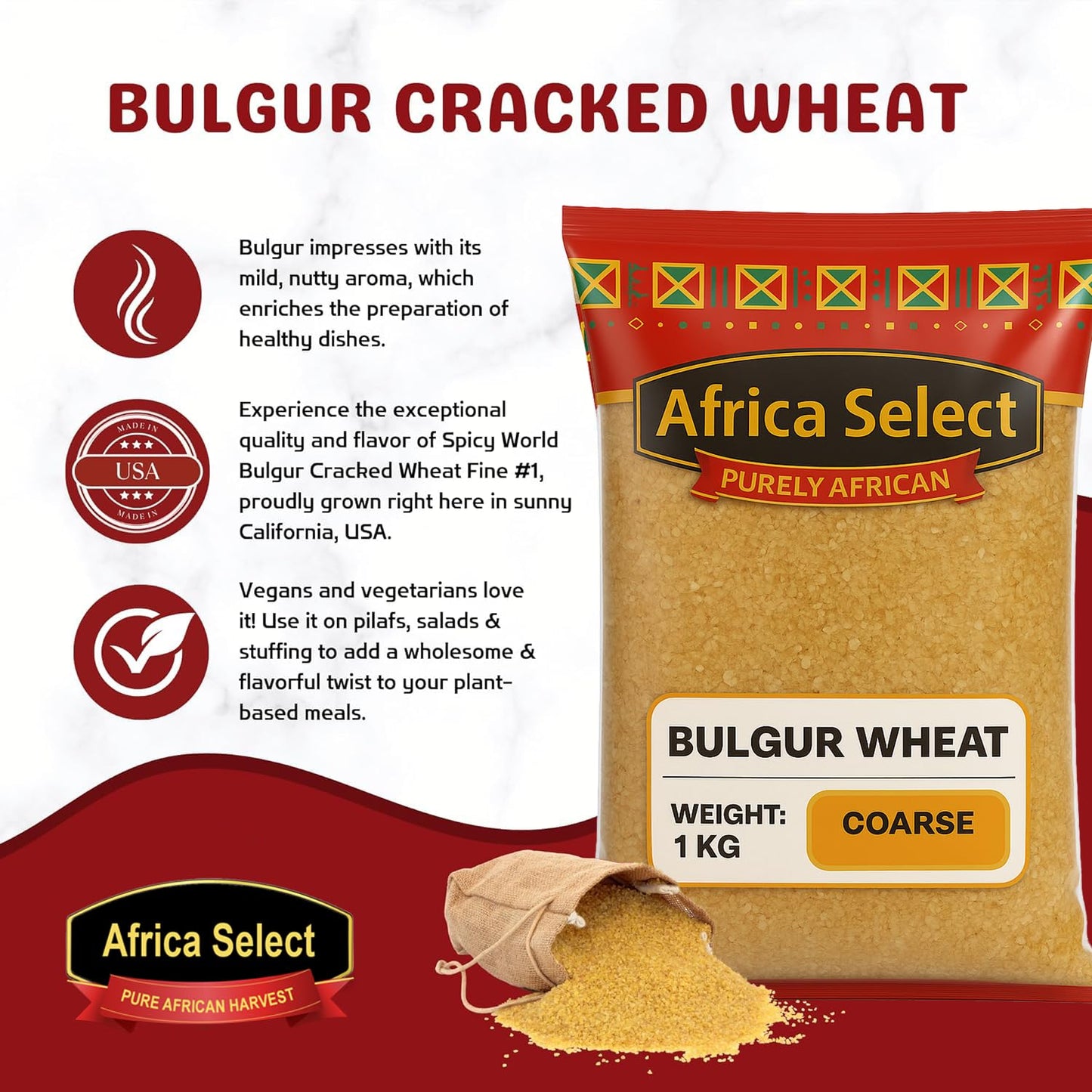 Africa Select Bulgur Wheat Coarse 1kg | Premium Coarse Cracked Durum Wheat for Pilaf, Soups & Stews | Nutritious & Filling