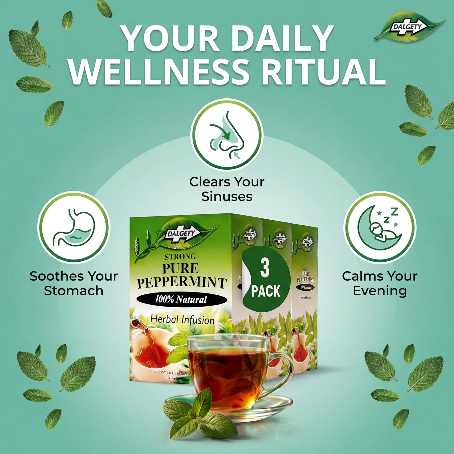 Dalgety Pure Peppermint Tea Bags - All Natural Herbal Infusion Natural Tea, Delicious and Packed with Unique Health Benefits, Caffeine Free (3 Pack - 54 Teabags)