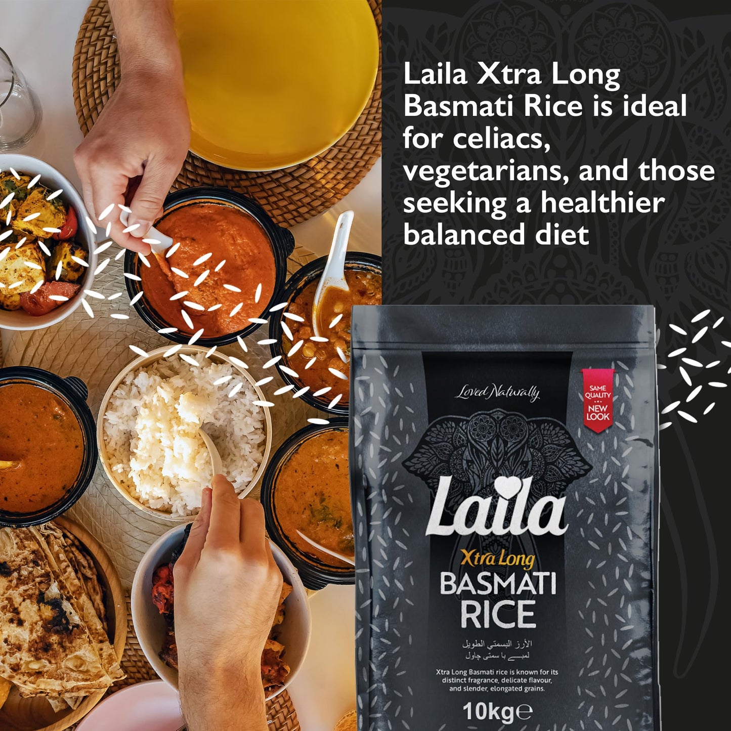 Laila Extra Long Grain Rice 5 Kg - 100 % Gluten Free - Extra Long Grain White Basmati Rice with Aroma Fragrant, Package May Vary