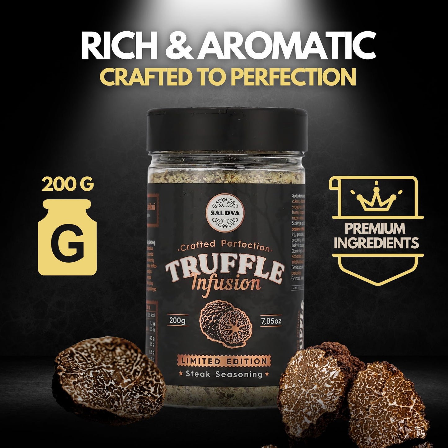 Premium Truffle Steak & BBQ Rub – Limited Edition Gourmet Seasoning – Infused with Truffles for Luxurious Flavour – Unique Blend of Spices - Large Jar (200g)