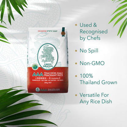 Green Dragon Thai Fragrant Jasmine Rice 10KG | Thai Hom Mali | AAA | Premium Rice | White Rice | Chinese Ingredients | Chinese Asian Cooking | 10KG