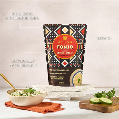 Aduna Organic Fonio Supergrain | Ancient African Wholegrain Rich in Iron, Zinc, B Vitamins & Fibre | Natural Gluten-Free Rice, Quinoa & Couscous Alternative | Porridge, Salads, Stir-Fries & More | 1kg
