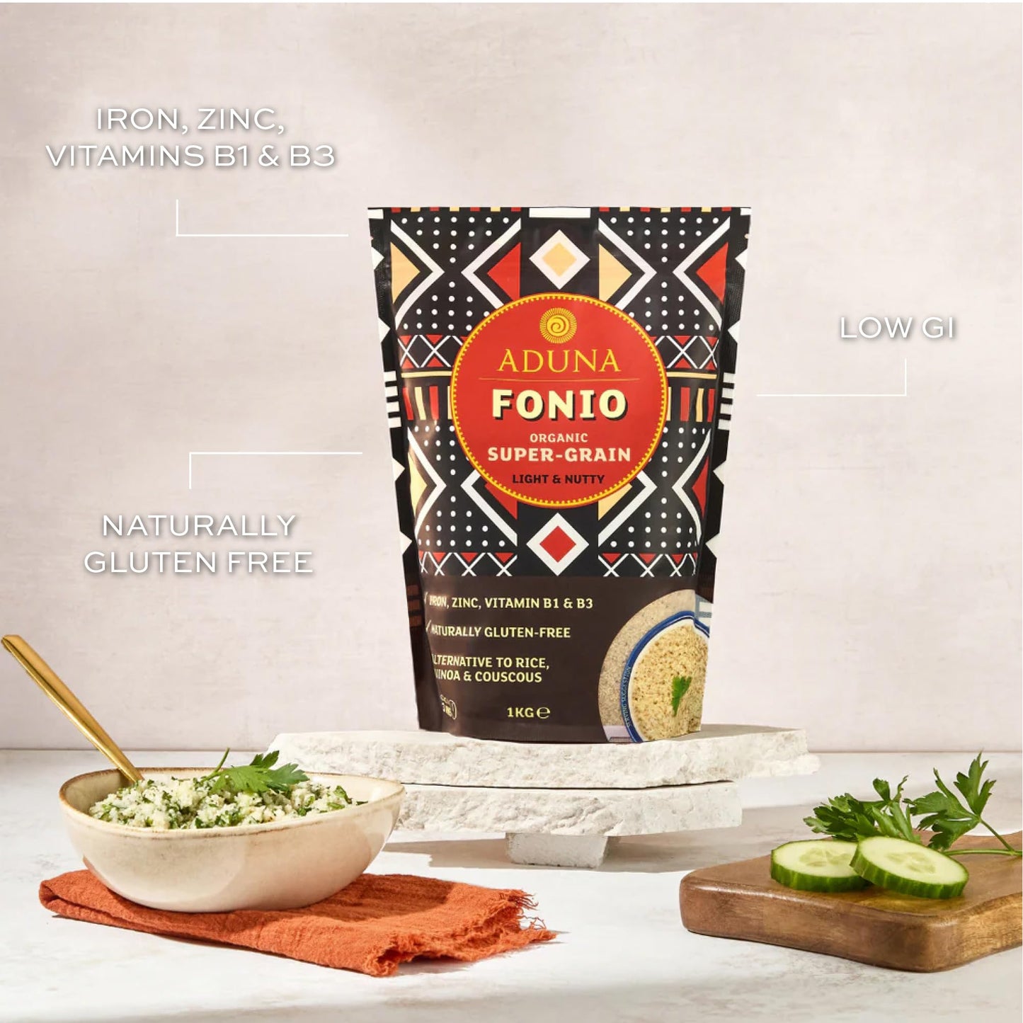 Aduna Organic Fonio Supergrain | Ancient African Wholegrain Rich in Iron, Zinc, B Vitamins & Fibre | Natural Gluten-Free Rice, Quinoa & Couscous Alternative | Porridge, Salads, Stir-Fries & More | 1kg