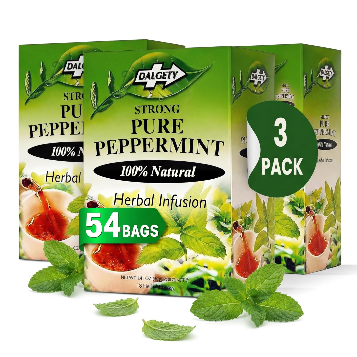 Dalgety Pure Peppermint Tea Bags - All Natural Herbal Infusion Natural Tea, Delicious and Packed with Unique Health Benefits, Caffeine Free (3 Pack - 54 Teabags)