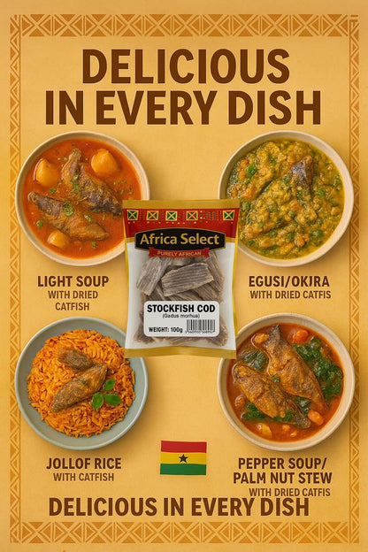 Africa Select Stockfish Cod 3x100g - Traditional Dried Codfish, High Protein for African Cooking 300g
