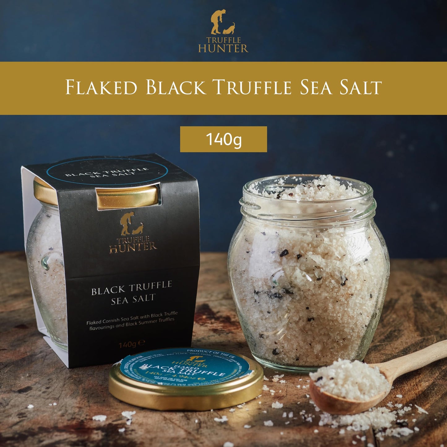 TruffleHunter - Flaked Black Truffle Cornish Sea Salt - Gourmet Food Seasoning & Condiment - 140g