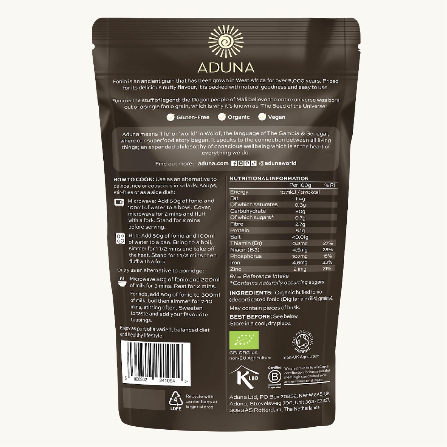 Aduna Organic Fonio Supergrain | Ancient African Wholegrain Rich in Iron, Zinc, B Vitamins & Fibre | Natural Gluten-Free Rice, Quinoa & Couscous Alternative | Porridge, Salads, Stir-Fries & More | 1kg